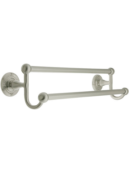 18 inch Brass Double Towel Bar with Ribbon and Reed Rosettes in Satin Nickel.